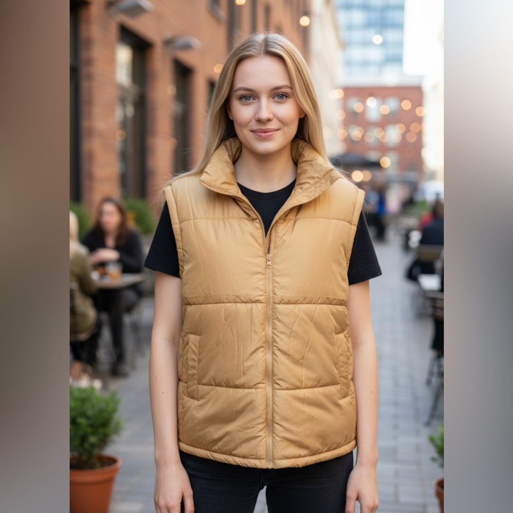 NWT Thread & Supply Quilted Puffer Vest Jacket In Color Camel Oversized Medium